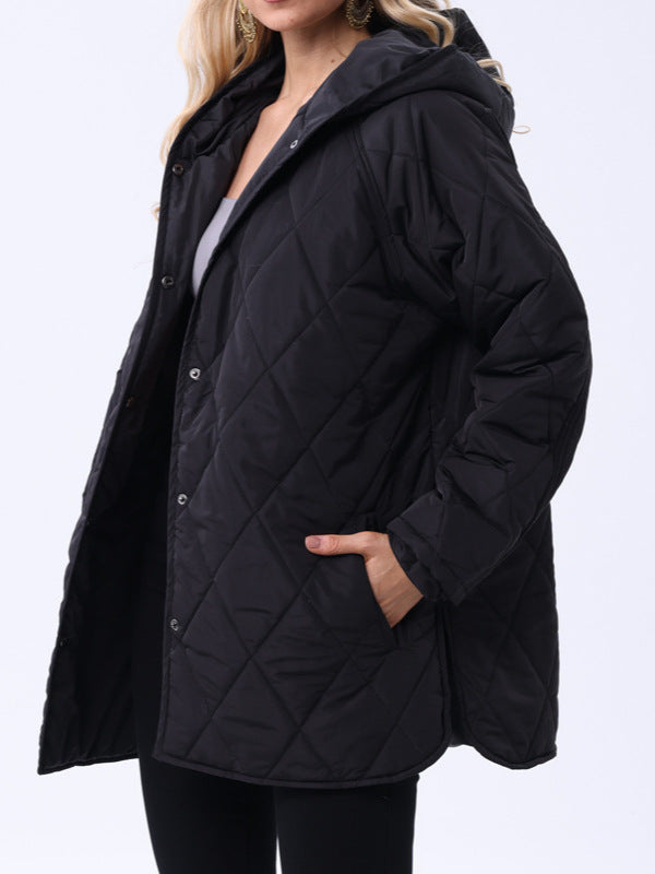 Women's Hooded Rhombus Plaid Quilted Black Coats
