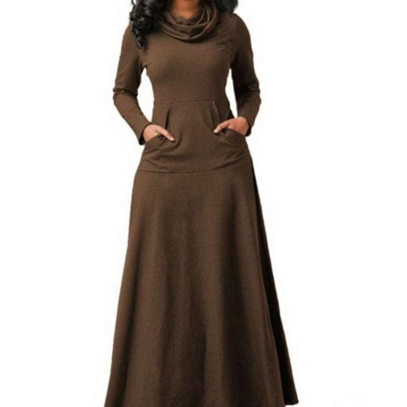 Solid Color Patchwork Pocket Scarf Swing Dresses