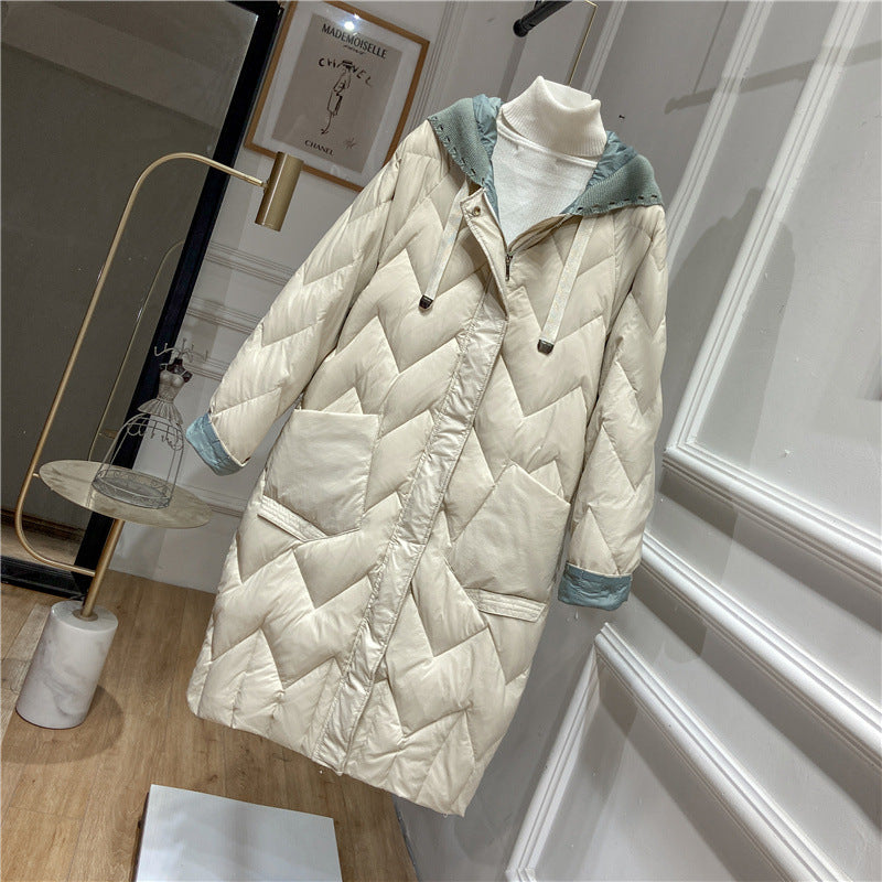 Women's Mid-length Lightweight Down Fashionable Knitted Hooded Korean Jackets