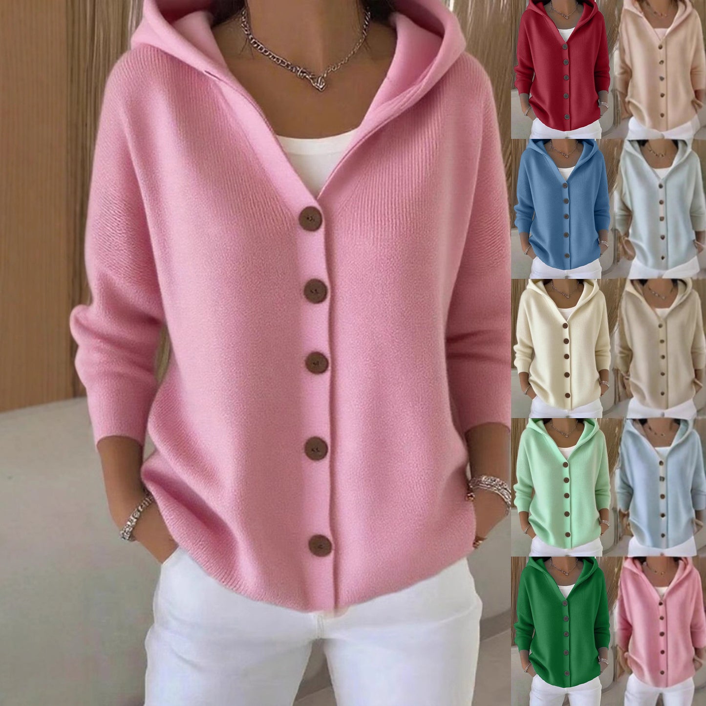 Women's Hooded Knit Solid Color Casual Fashion Cardigans