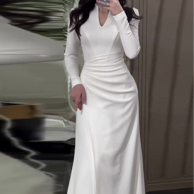 Color Slim Fit Gentle Pleated Long Dresses