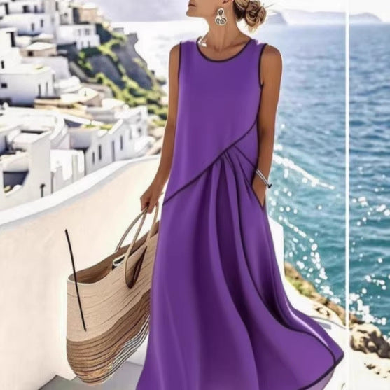 Neck Sleeveless Contrast Color Loose Slimming Dress