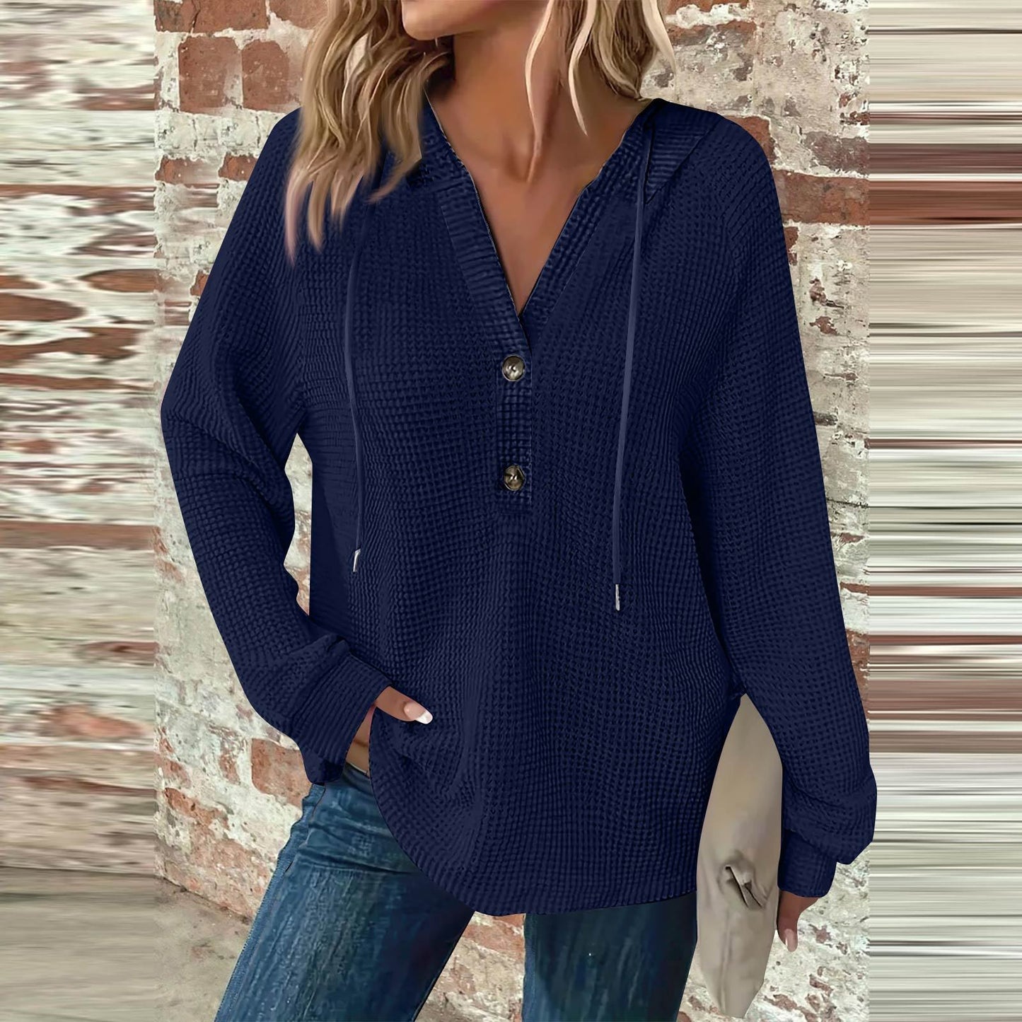 Women's Hoodie Waffle Knit Drawstring Button Long Sleeve Pullover Leisure Sweaters