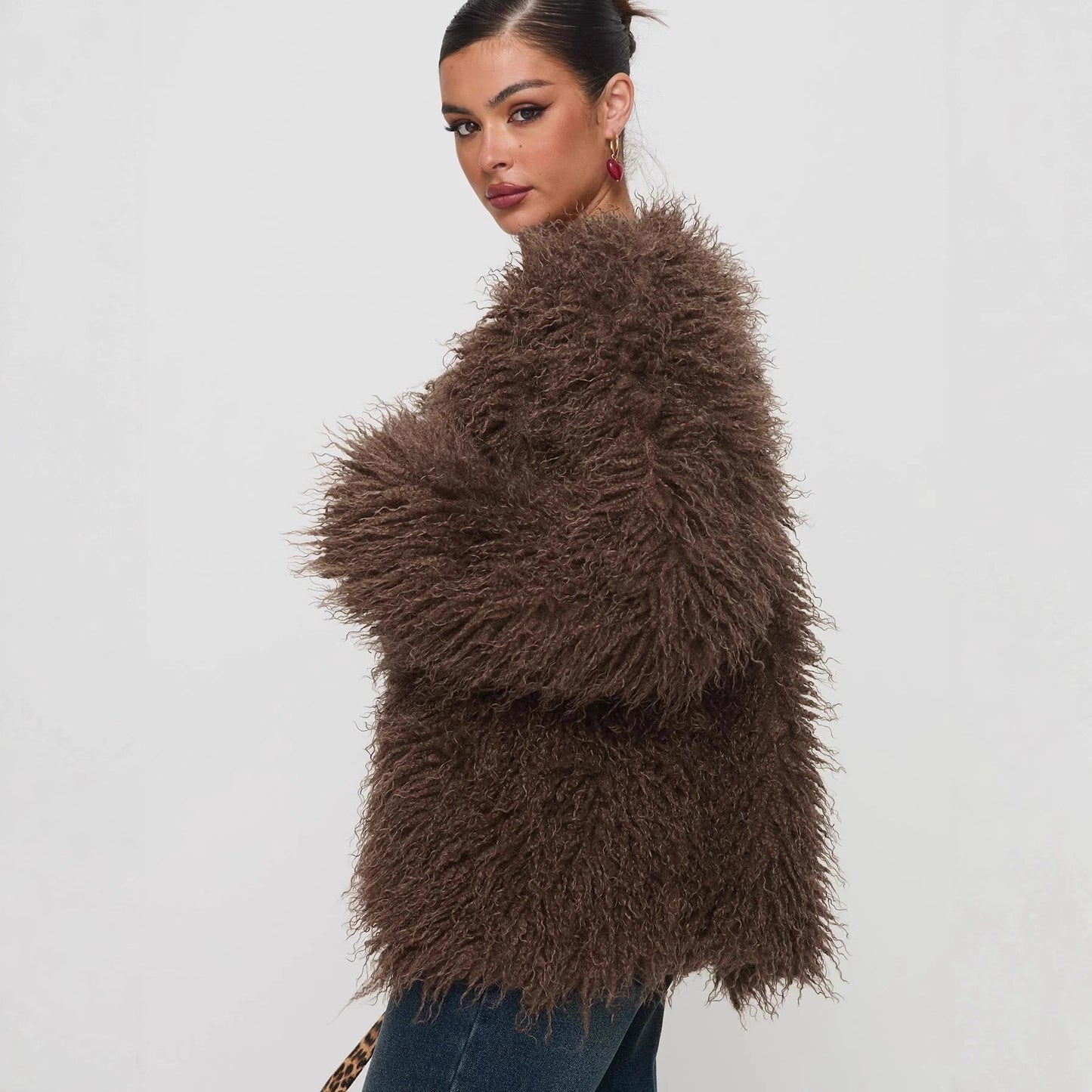 Casual Fashion Fur Faux Chocolate Color Coats