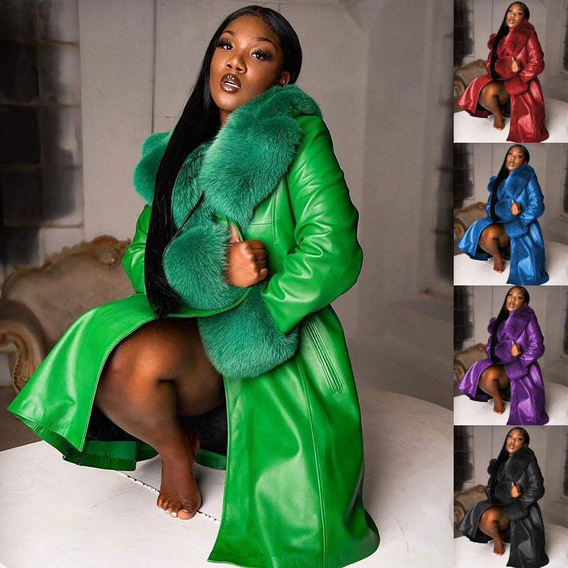 Solid Color Polo Collar Long Fur Jackets
