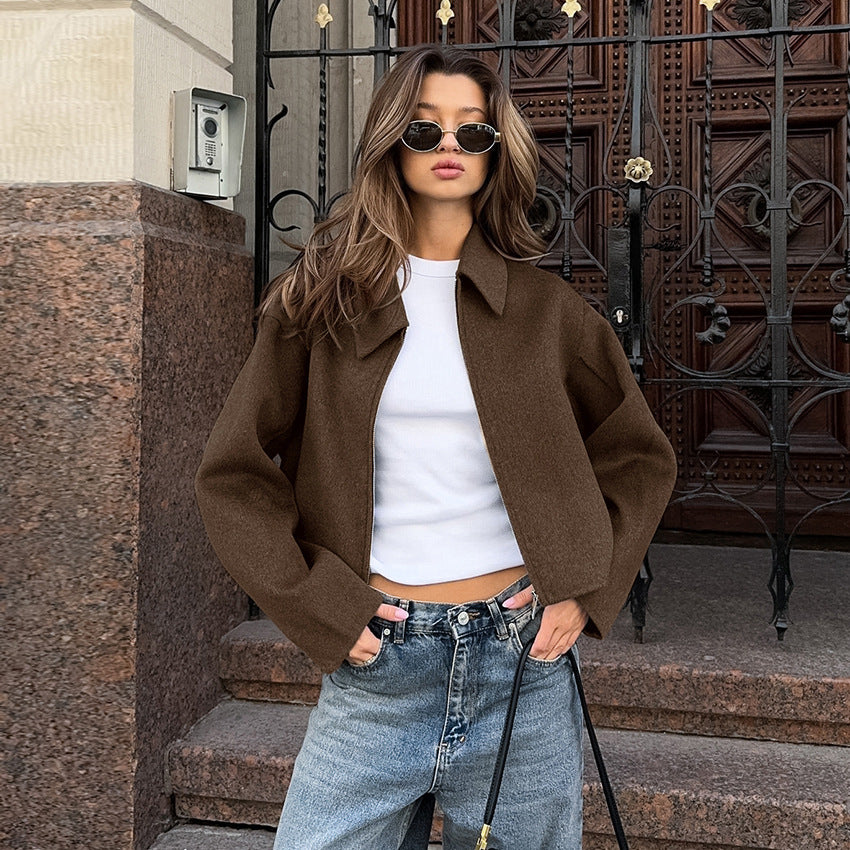 Women's Lapel Long Sleeve Zipper Woolen Fashion Coats