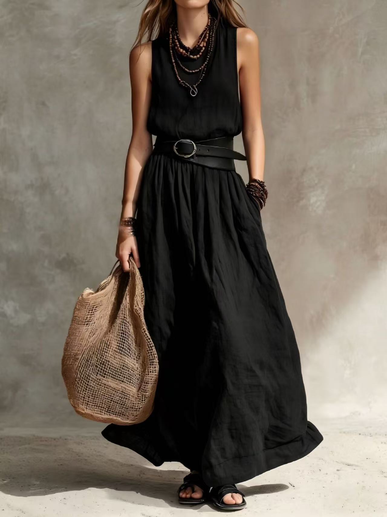 Women's French Style Temperament Lapel Sleeveless Summer Dress