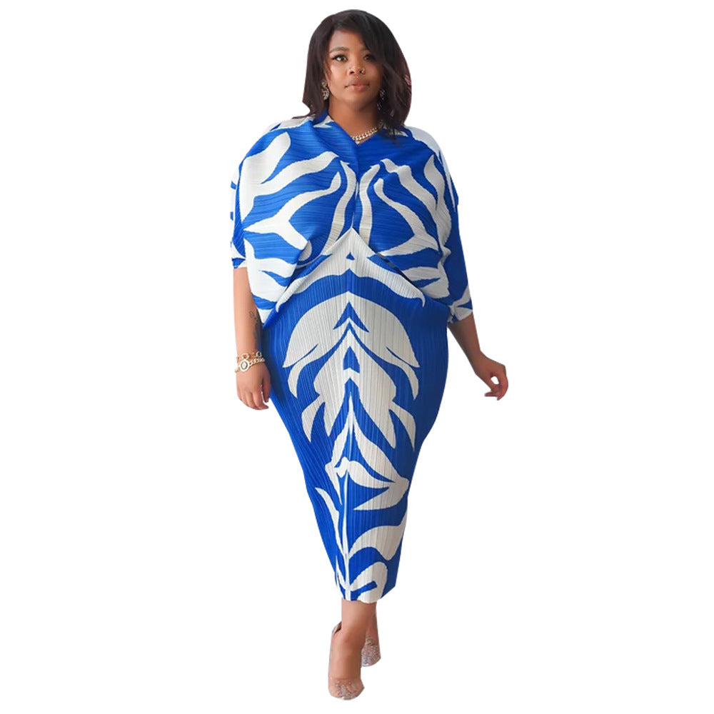 Women's Polyester Batwing Sleeve Pleated Printed Dress Dresses