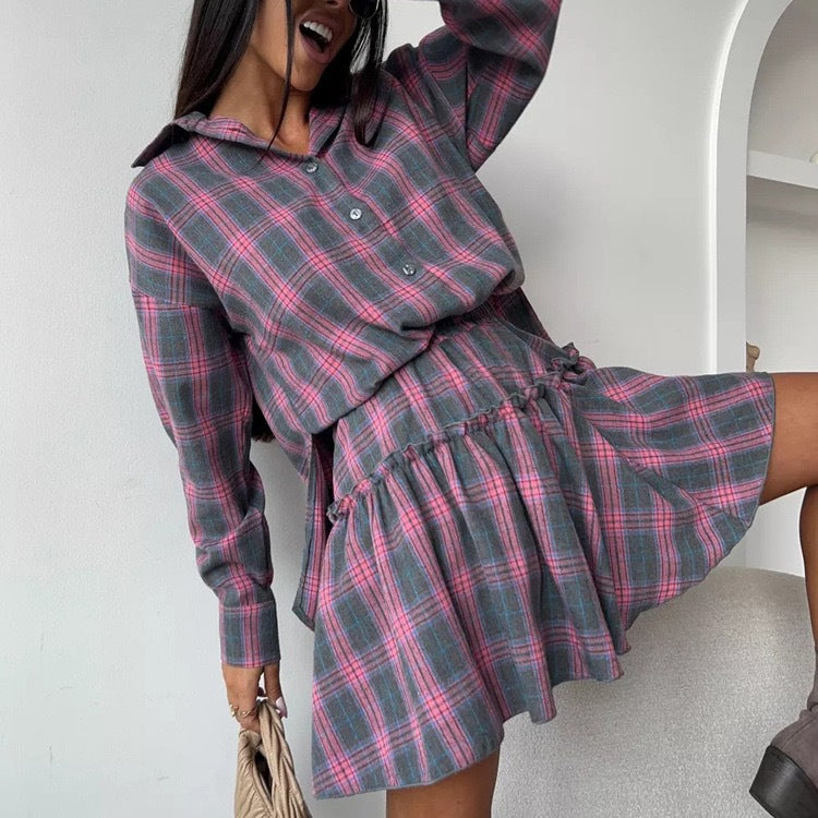 Women's Fashion Casual Check Lapel Loose Shirt Suits