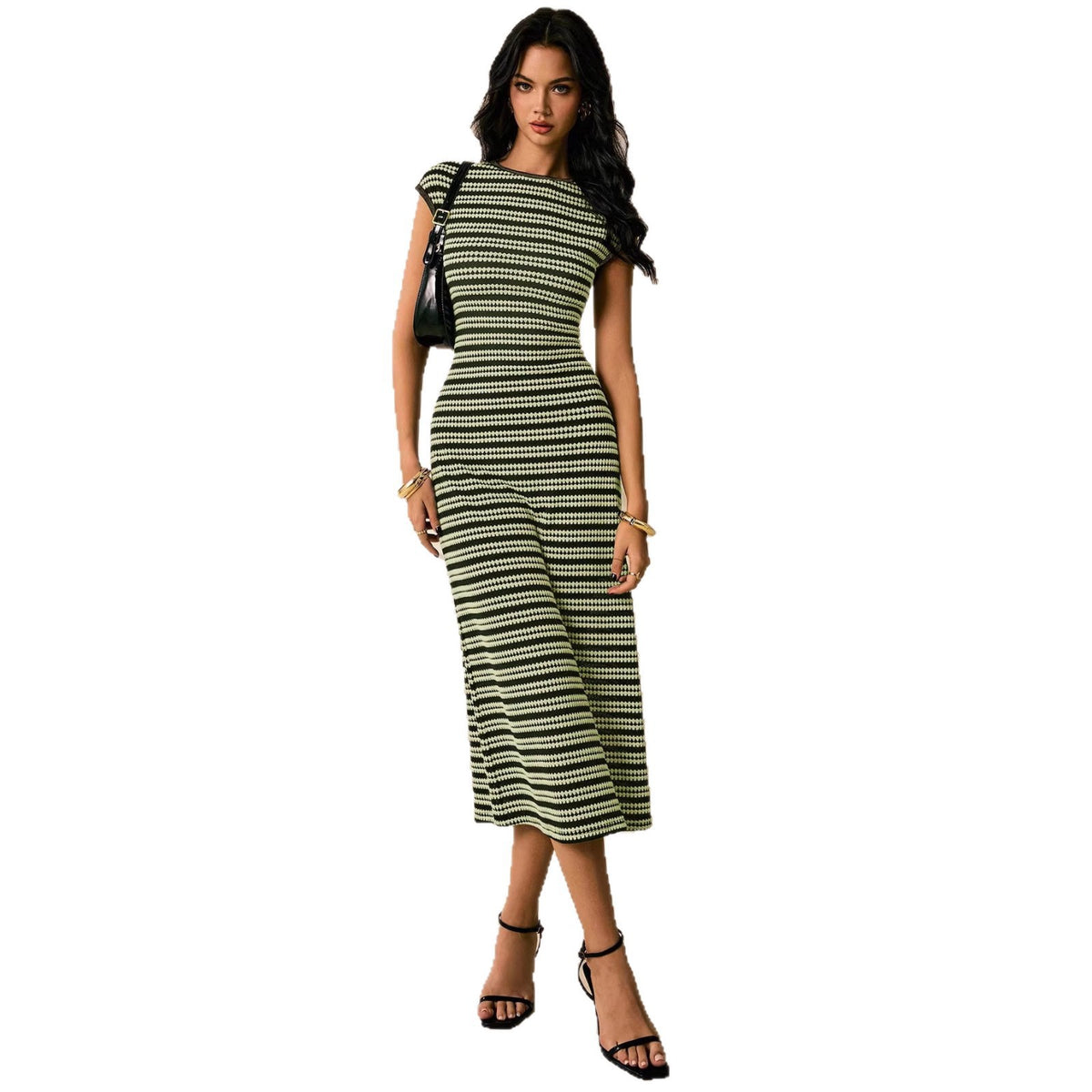 Women's Striped Knitted Midi With Shoulder Sleeves Slim Fit Dress