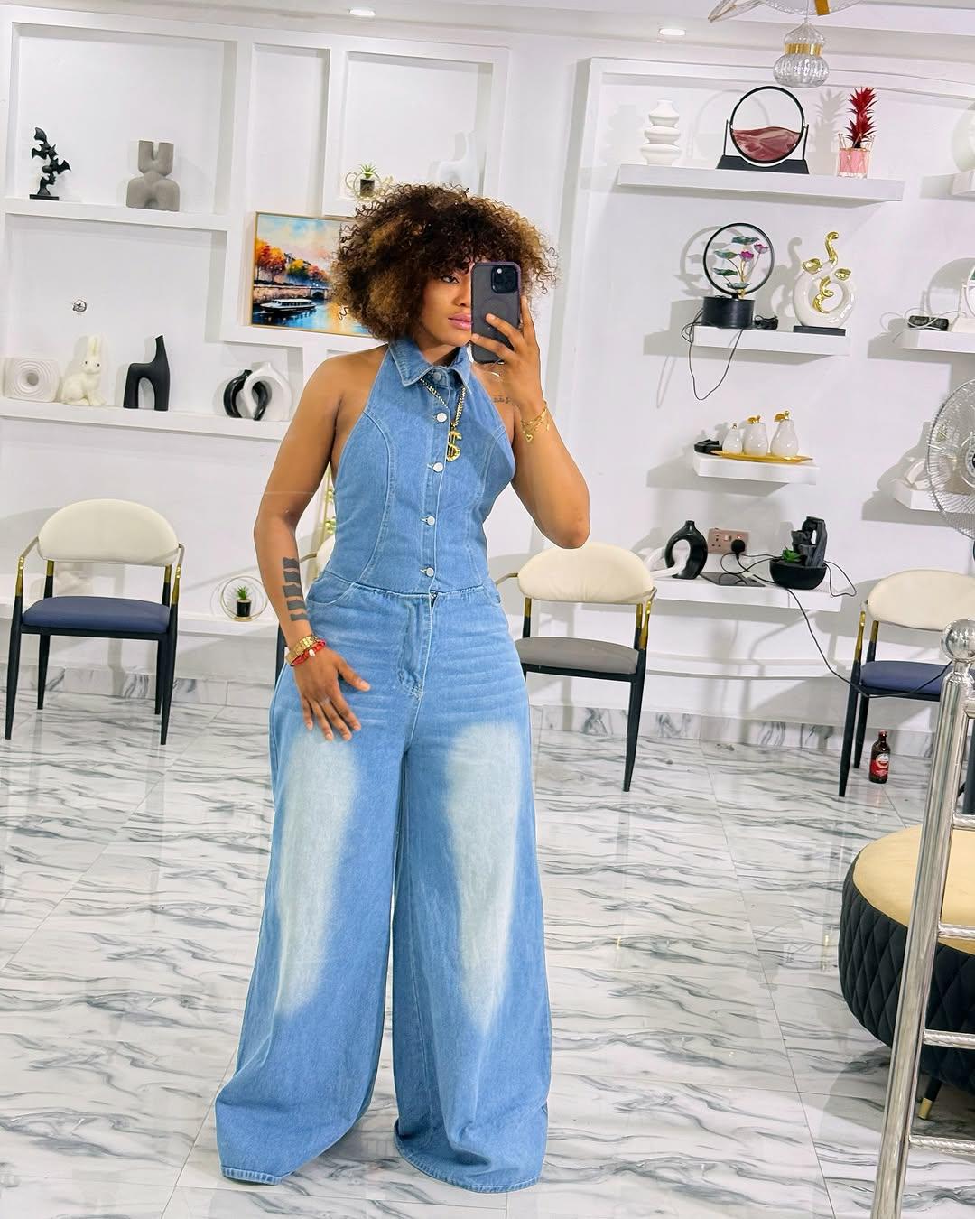 Women's Summer Lapel Halter Single-breasted Backless Denim Women's Jumpsuit/clothing
