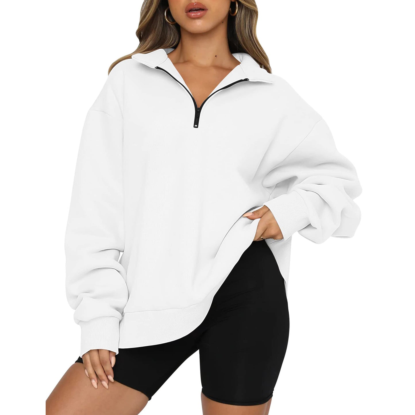 Women's Zipped Stand Collar Pullover Pocket Casual Loose Women's Sweater, Sweater