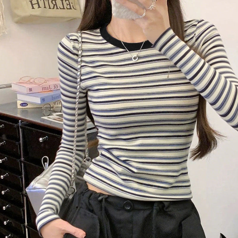 Women's Contrast Color Round Neck Striped Long-sleeved American Women's T-shirt