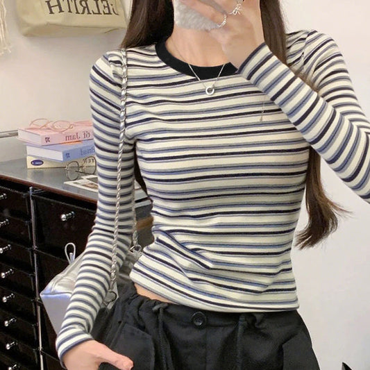 Women's Contrast Color Round Neck Striped Long-sleeved American Women's T-shirt