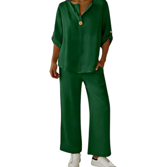 Women's Two-piece Simple Solid Color Sleeve Trousers Fashion Casual Suit