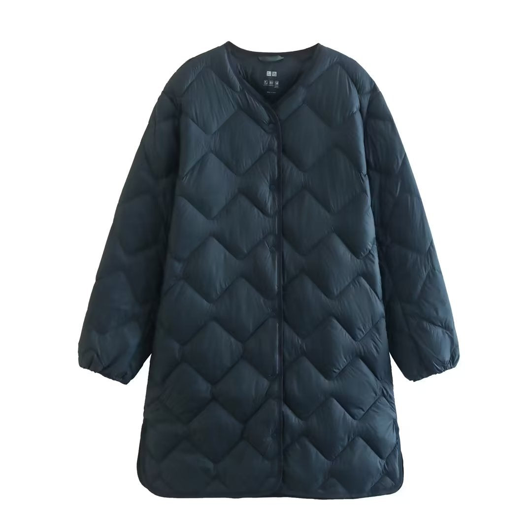 Women's Mid-length White Duck Rhombus Round Neck Jackets