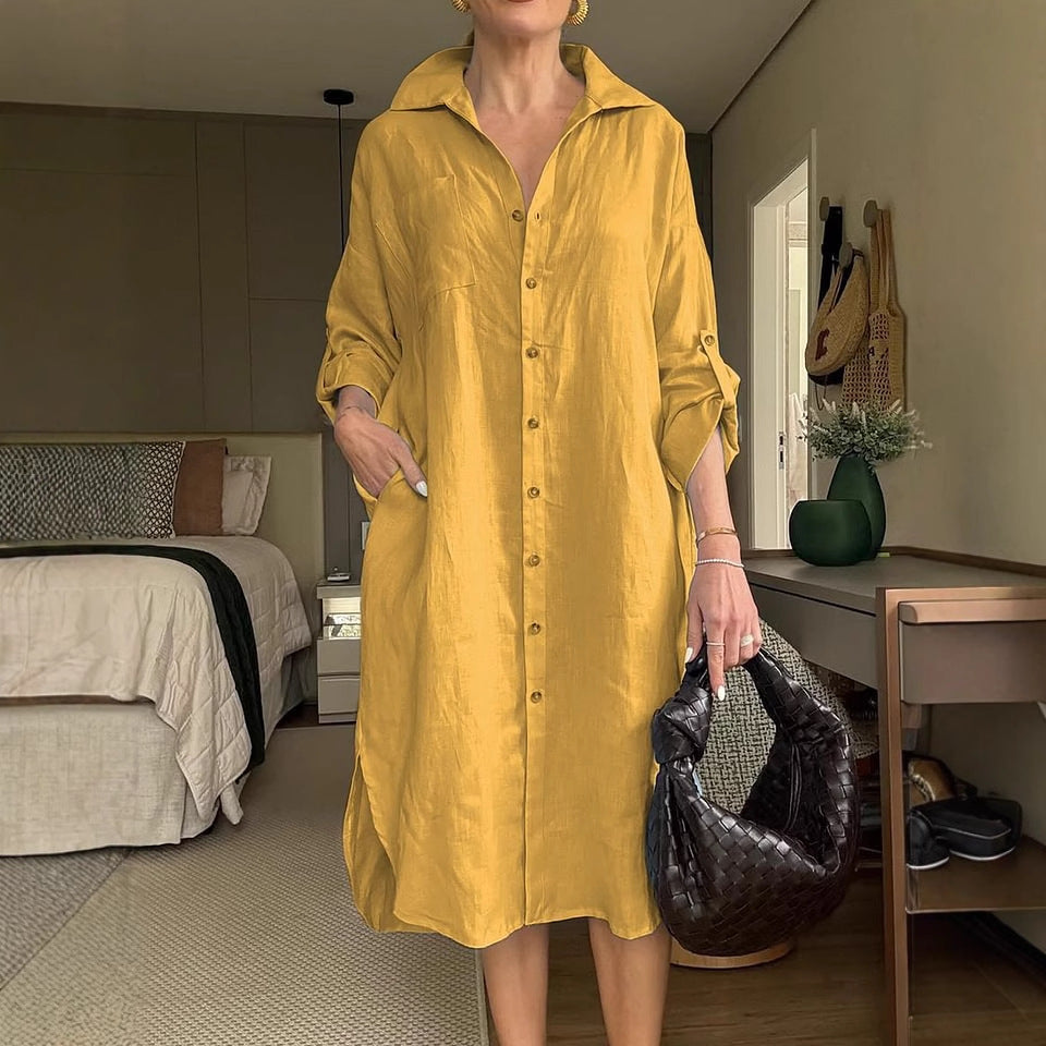 Women's Cotton Linen Shirtdress Fashion Casual Long Dress