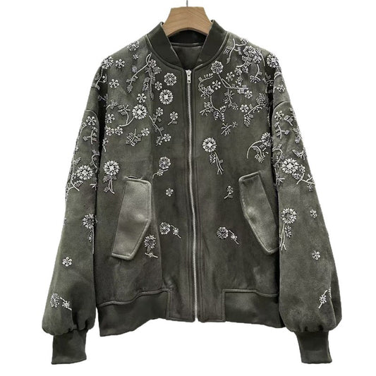 Embroidery Flower Baseball Fashionable Leather Veet Coats