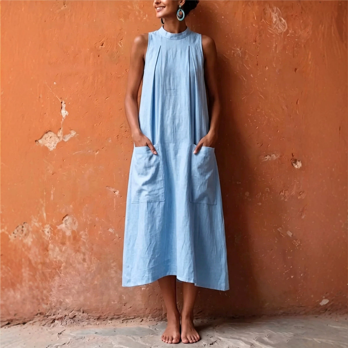 Women's Solid Color Sleeveless Stand Collar Loose With Dress