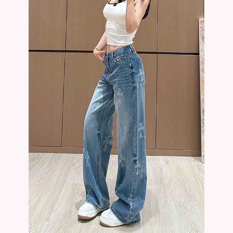 Women's Cross Jacquard Embroidered High Waist Straight Jeans