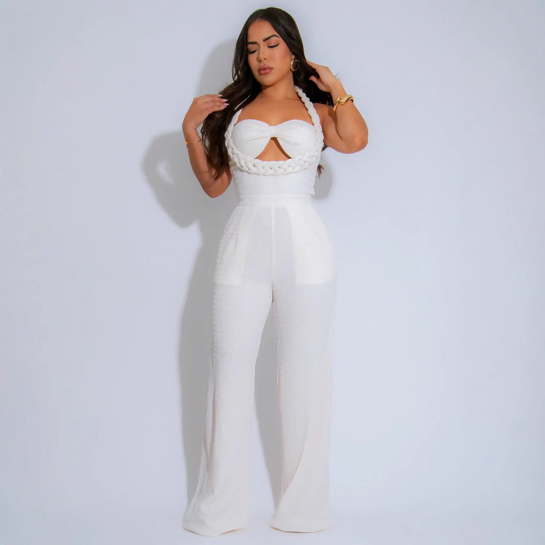 Design Woven Style Spaghetti Straps Sleeveless Loose Pants