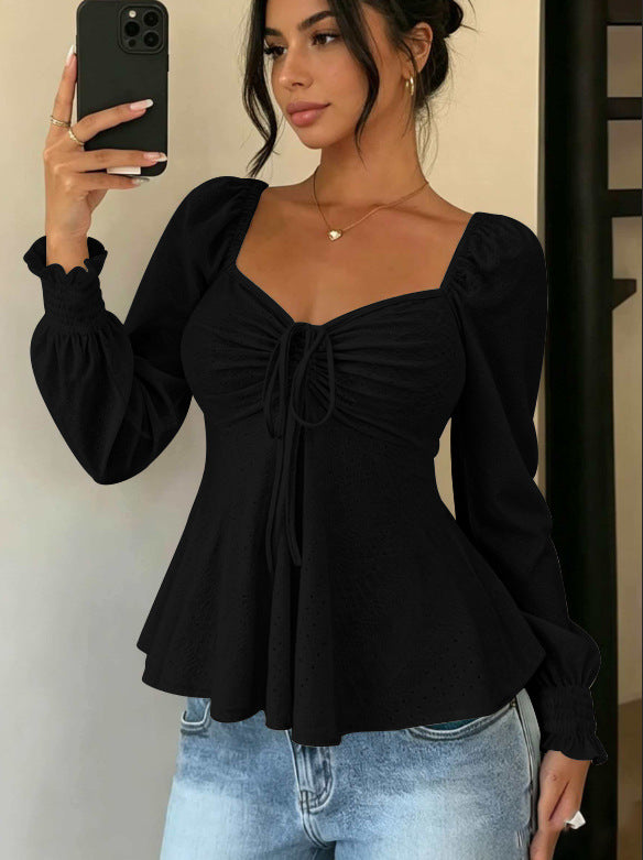 Women's Drawstring Smocking Sexy Sleeve Solid Color Women's T-shirt