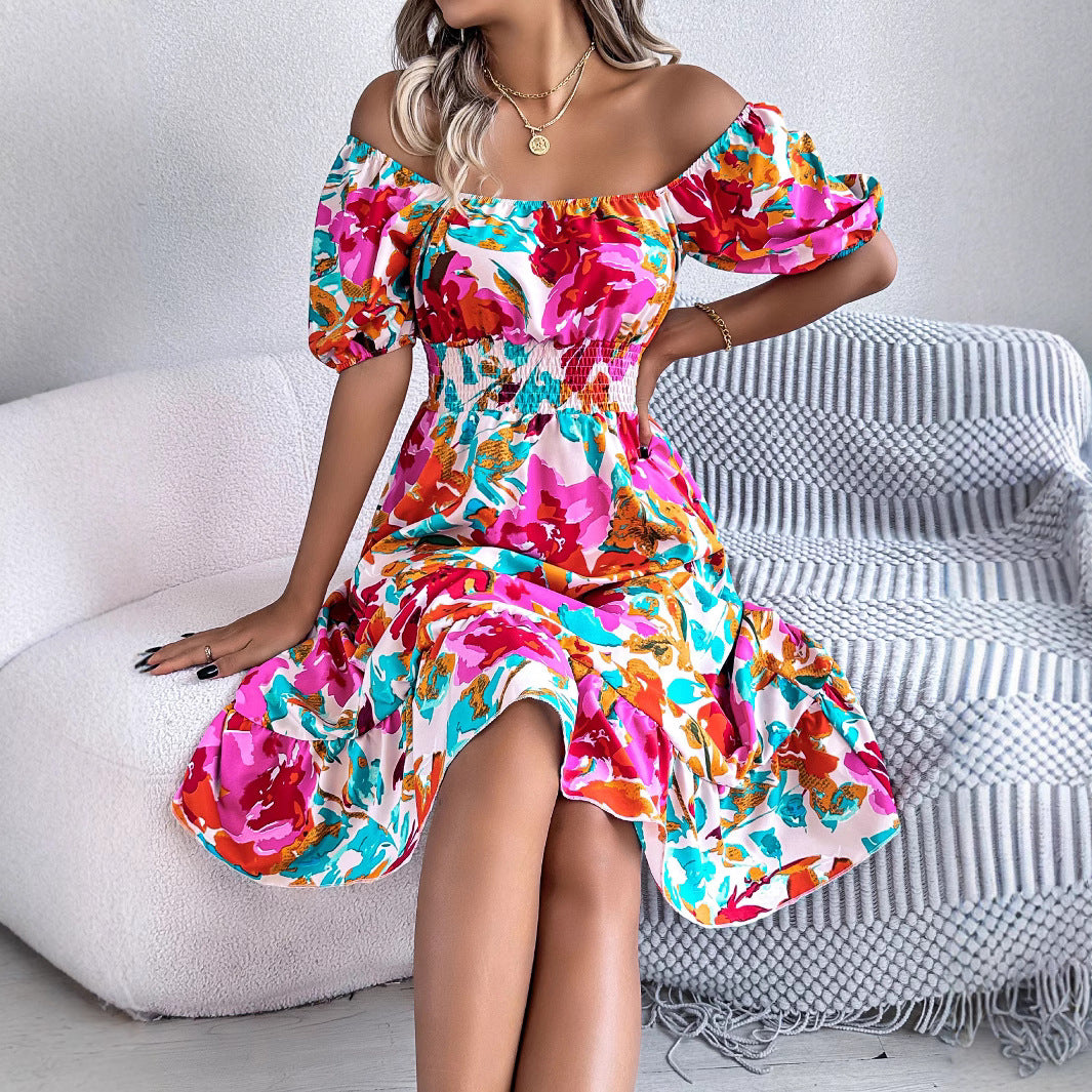 Women's Flower Square Collar Sleeve Waist Trimming Ruffles A- Shorts