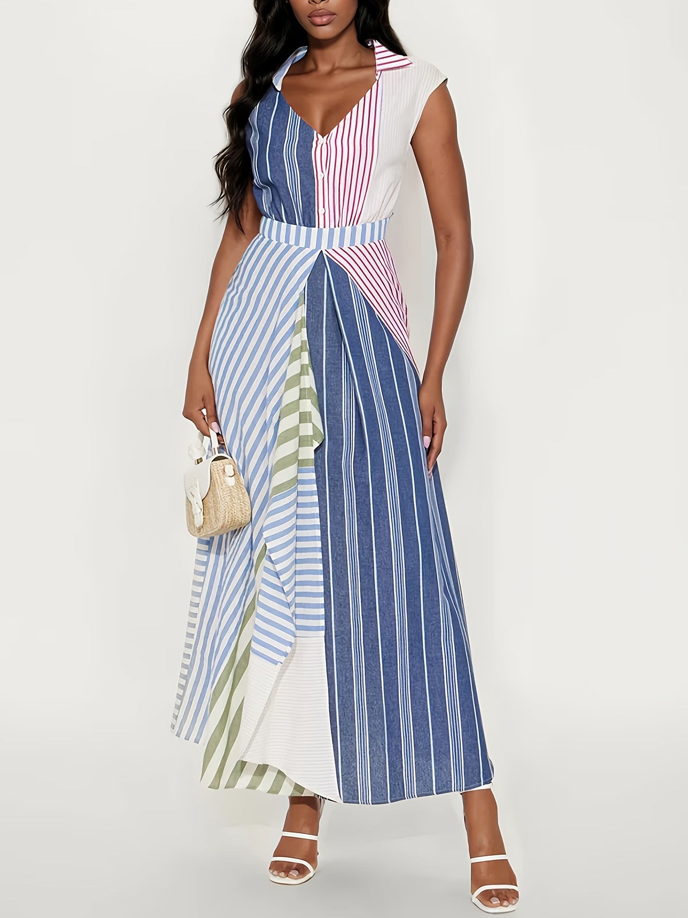 Women's Contrast Color Patchwork Stripes Dress Irregular Dresses