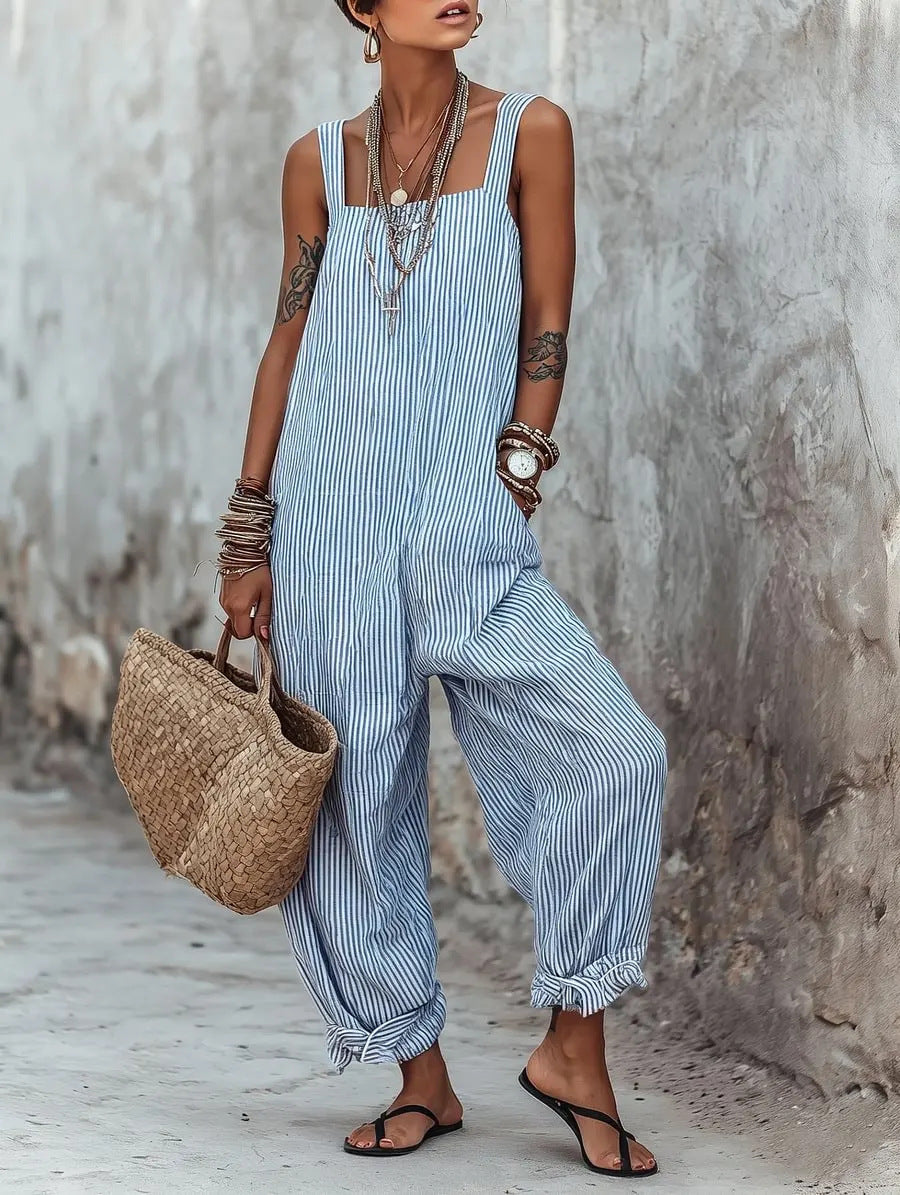 Women's Sleeveless Striped Print Loose Casual Women's Jumpsuit/clothing