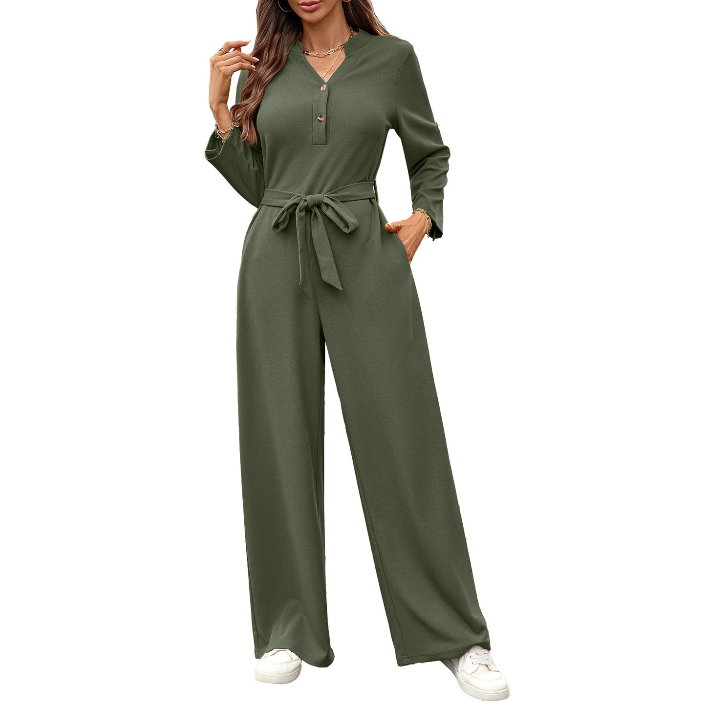 Solid Color High Waist Button Long Sleeve Women's Jumpsuit/clothing