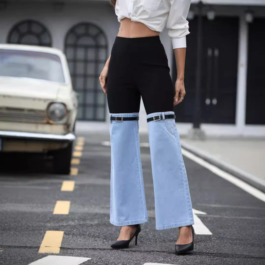Slim Knit Denim Stitching Elastic Waist Pants