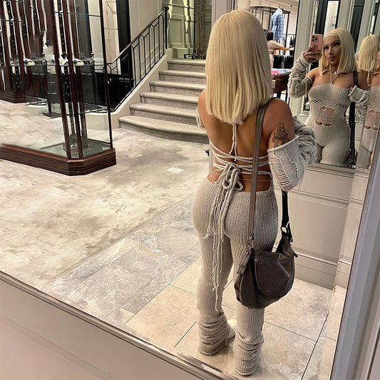 Women's Sexy Backless Lace Up Halter Knitted Pants