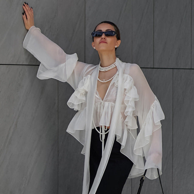 Women's French Ruffled Ribbon Shirt Fashion Wear Blouses