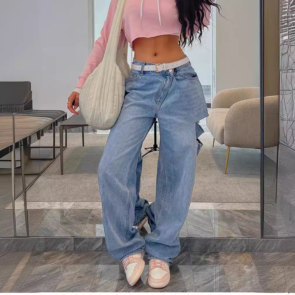 Women's Fashionable Oblique Waist Low Loose Hole Women's Jeans