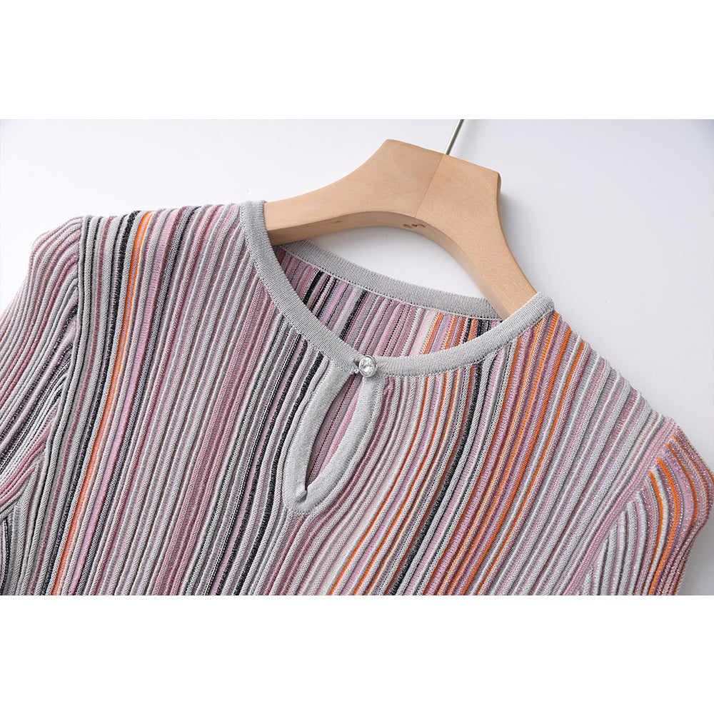 Color Matching Colorful Shiny Long Sleeves Small Round Neck Skirts