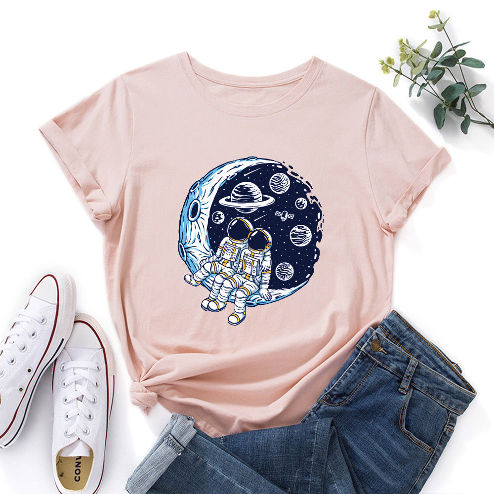 Women's Cotton Loose Round Neck Sleeve Moon Women's T-shirt