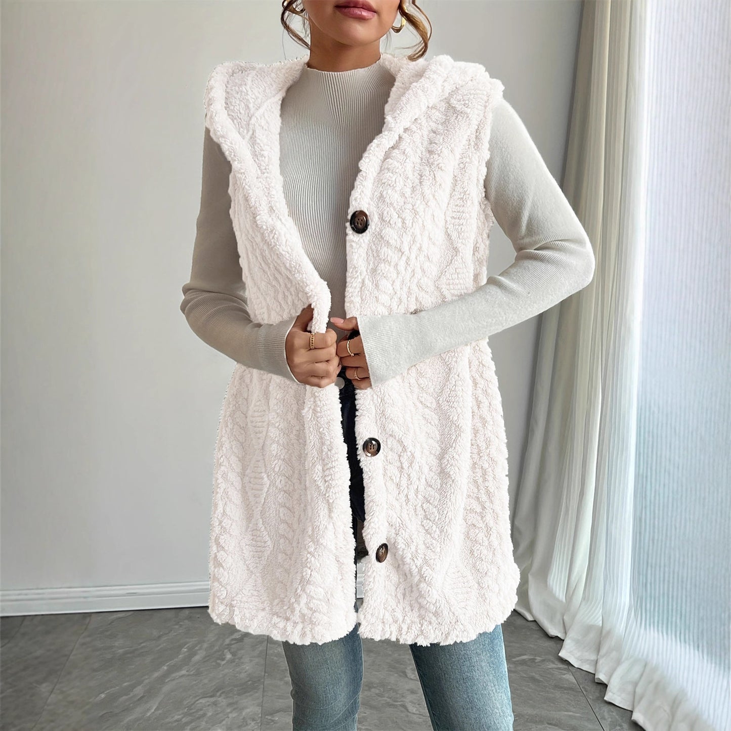 Solid Color Double-sided Plush Hooded Button Women's Vest