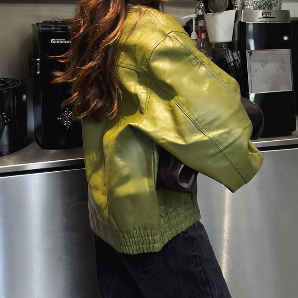 Personality Turn-down Collar Green Leather Temperament Jackets