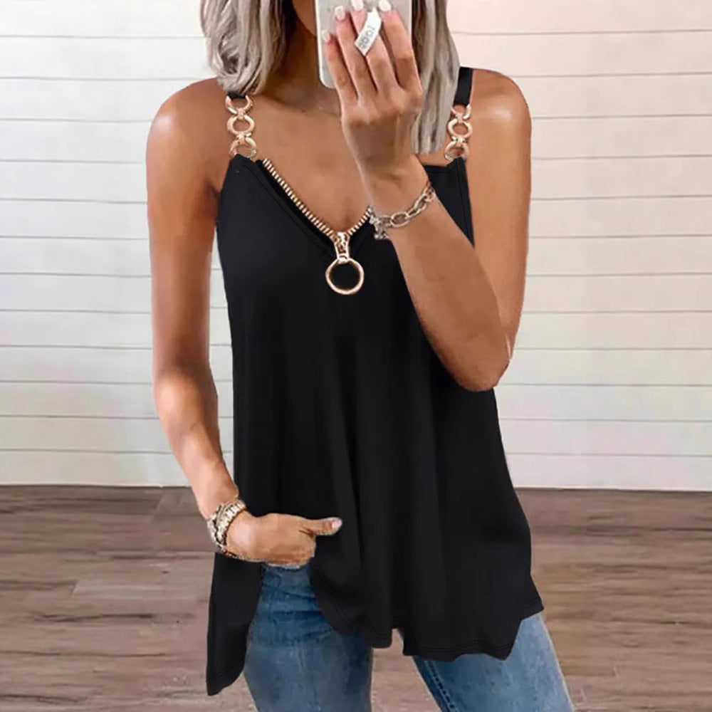 New Women's Sexy Sleeveless Strap Zipper Women's T-shirt