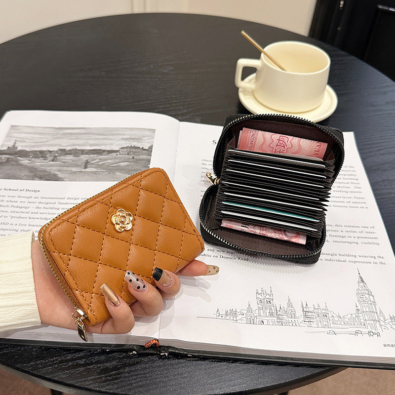 Camellia Rhombus Female Simple Zipper Driving License Card Holder