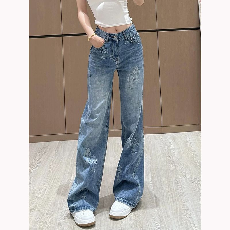 Women's Cross Jacquard Embroidered High Waist Straight Jeans