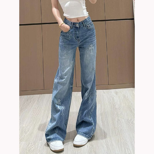 Women's Cross Jacquard Embroidered High Waist Straight Jeans