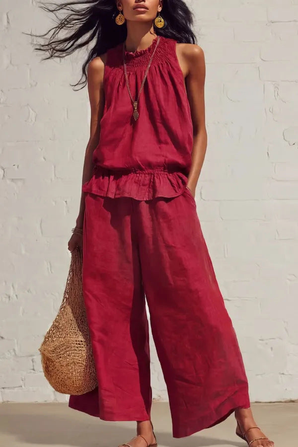 Sleeveless Cool Elastic Waist Design Wide Tops