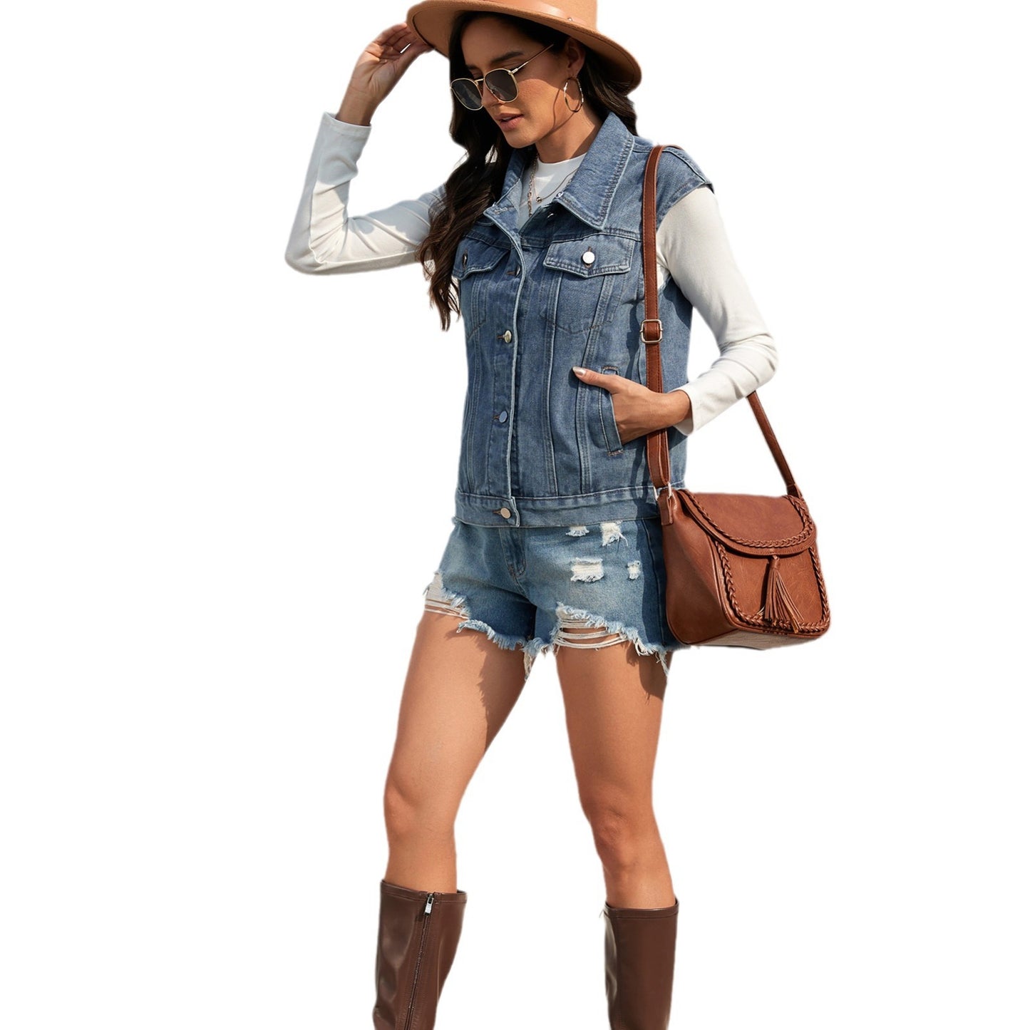 Women's Washed Classic Look Denim Waistcoat For Vests
