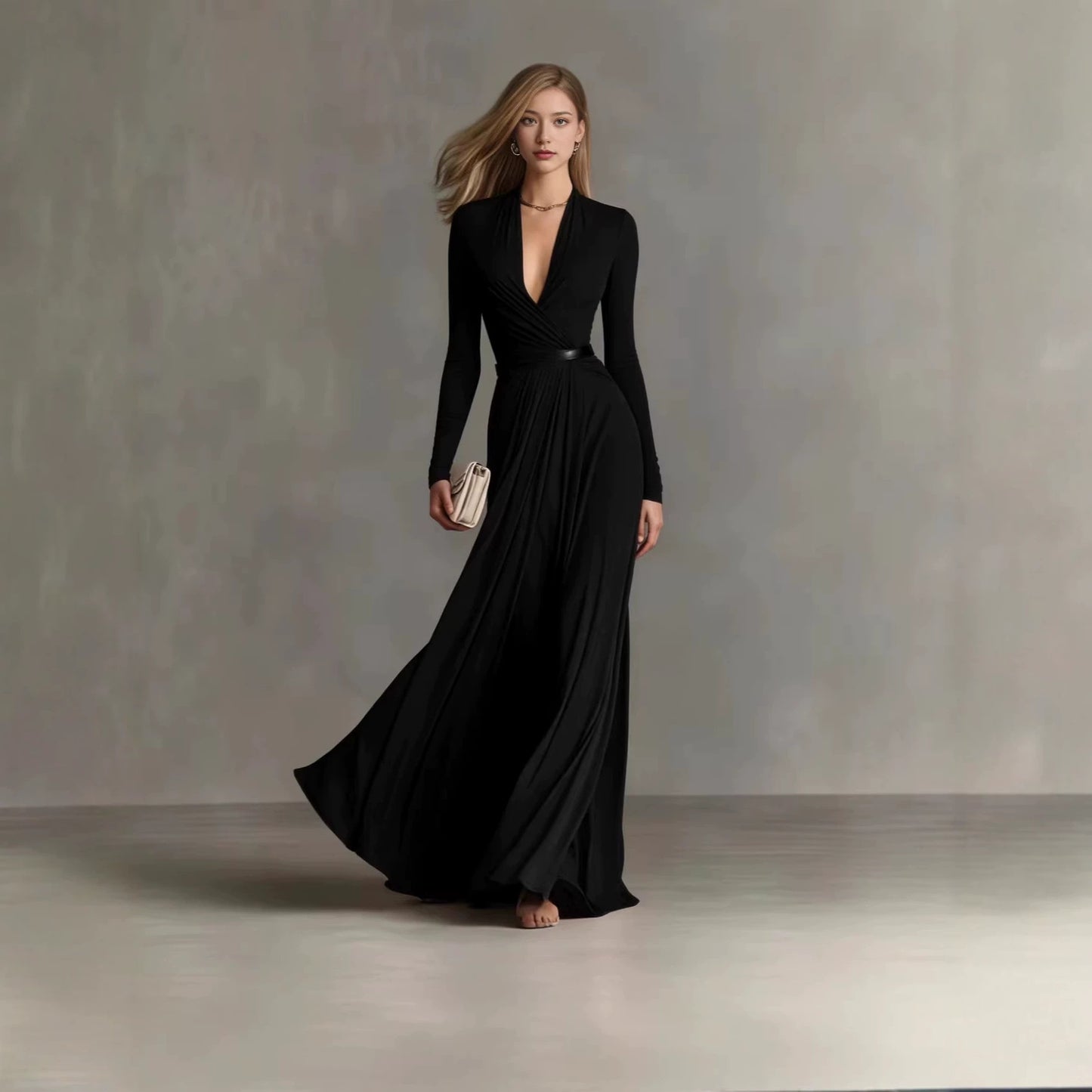 Women's Solid Color Deep V Long Sleeve Dress