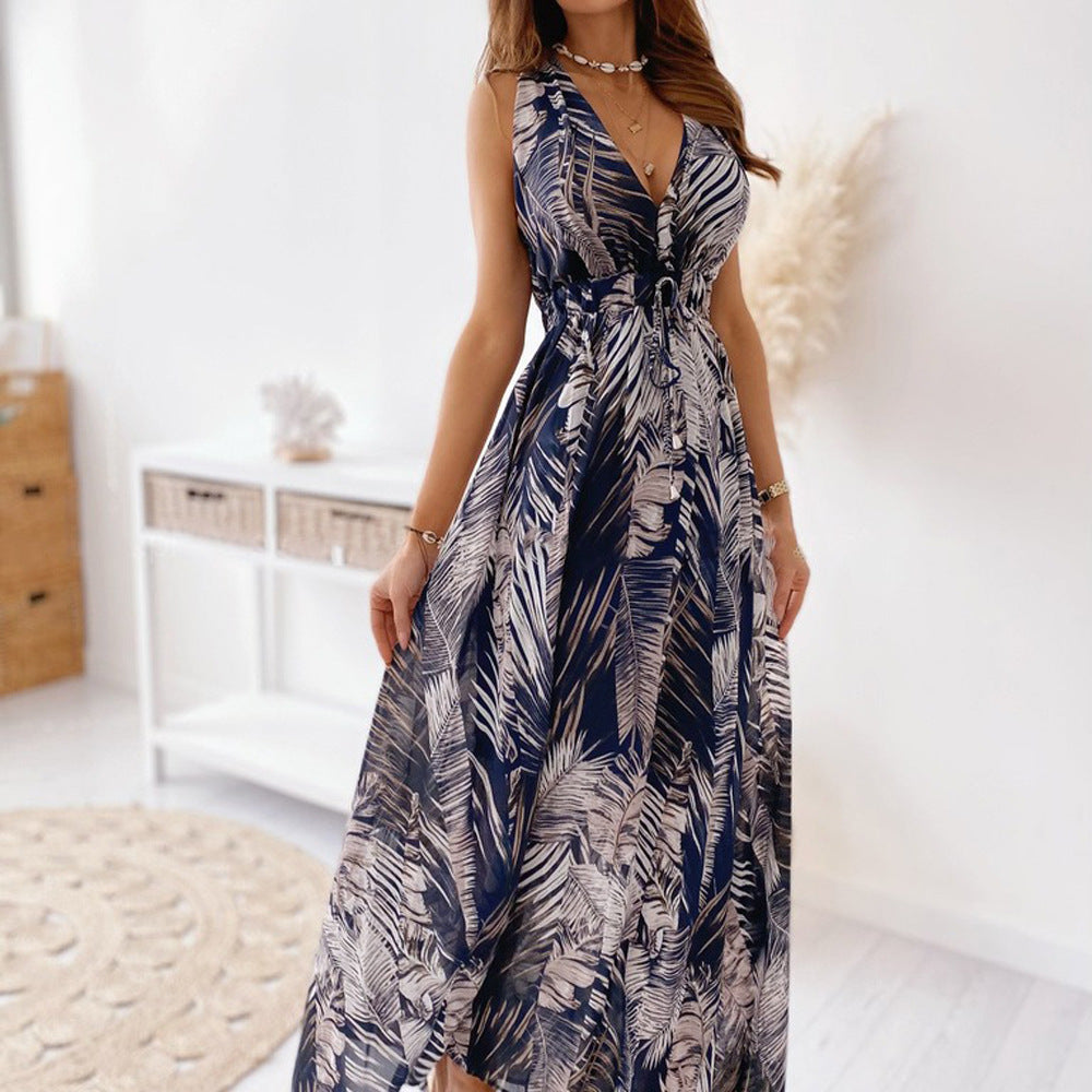Women's Summer Print Backless Lace Up Sleeveless Dress
