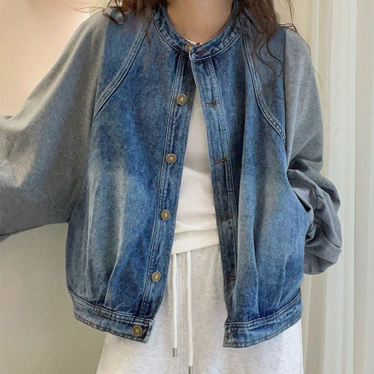 Two Pieces Patchwork Denim Loose Collarless Round Jackets