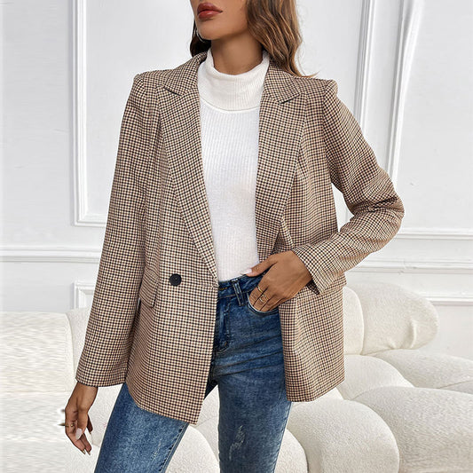 Classic Plaid Button Lapel Pocket Commuter Blazers