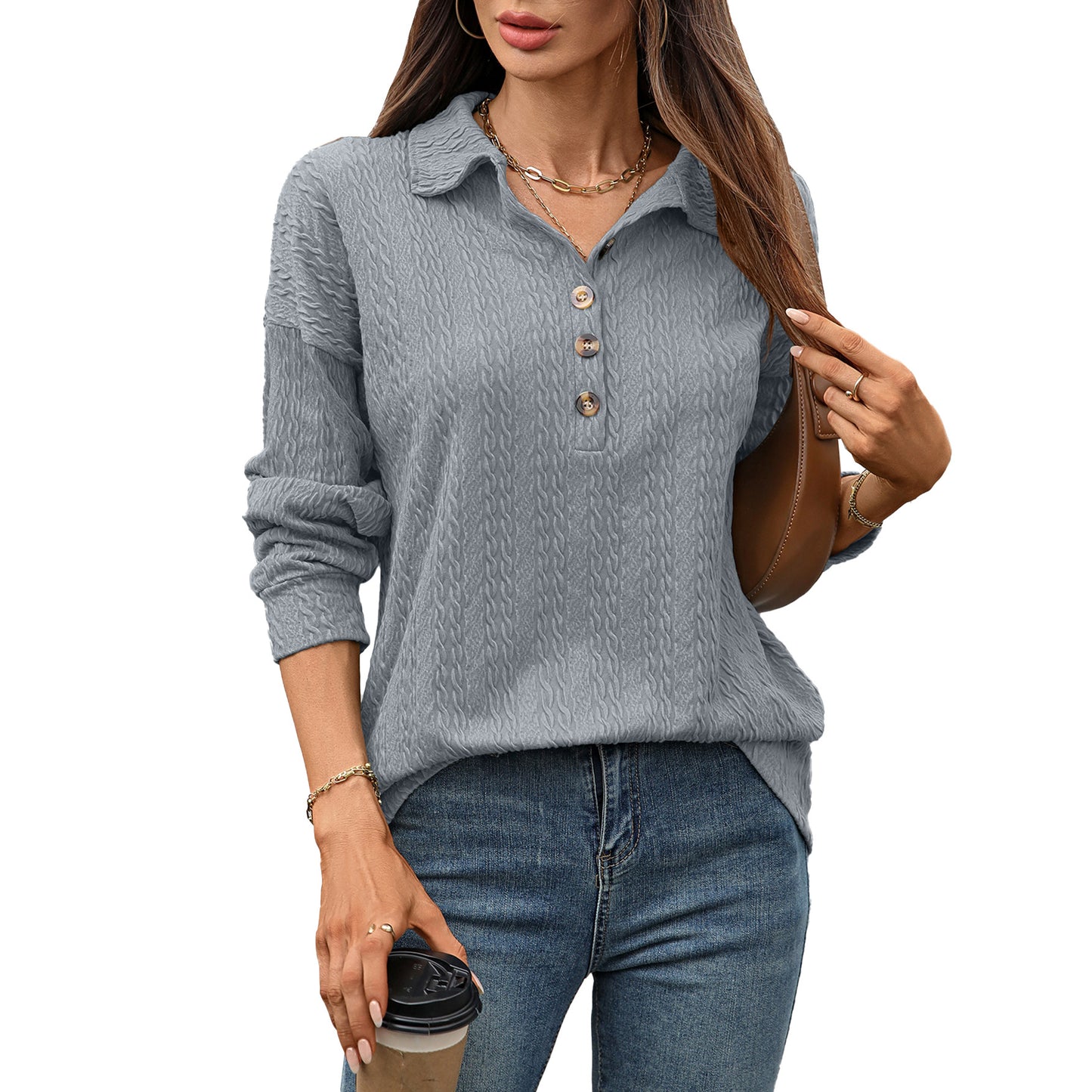 Women's Solid Color Polo Collar Button Loose Long Sleeve Women's Sweater, Sweater