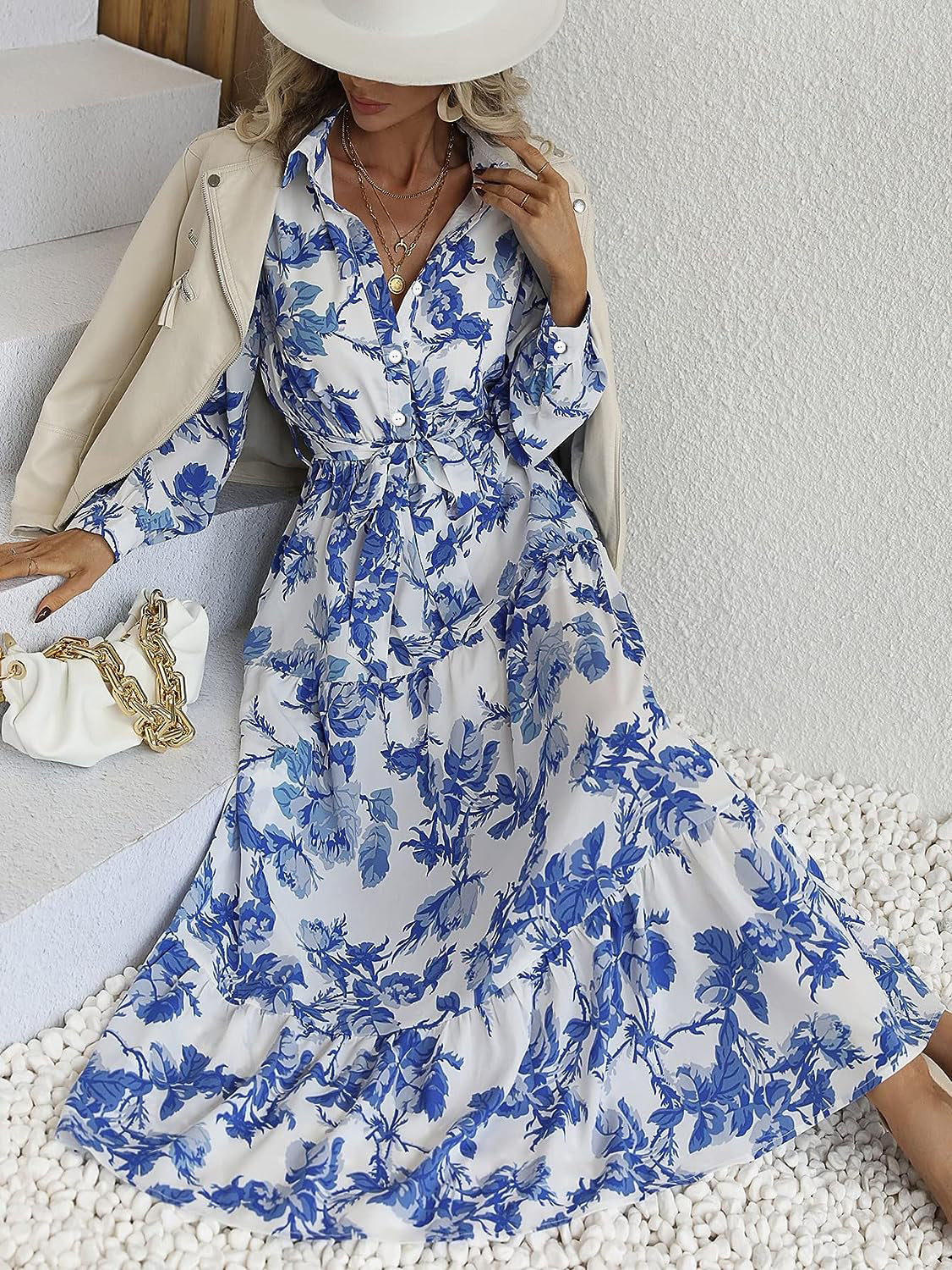 Women's Unique Blue Printed Long Dress Dresses